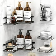 5 Pack Corner Shower Caddy, L-Shape Adhesive Shower Organizers, Rustproof Stainless Steel Shower Shelves with 18 Hooks, Toothpaste Holder \u0026 Soap Holder, No Drilling Bathroom Organizers Storage Racks
